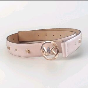 Michael Kors Leather Metal Studded Monogram Buckle Wide Belt